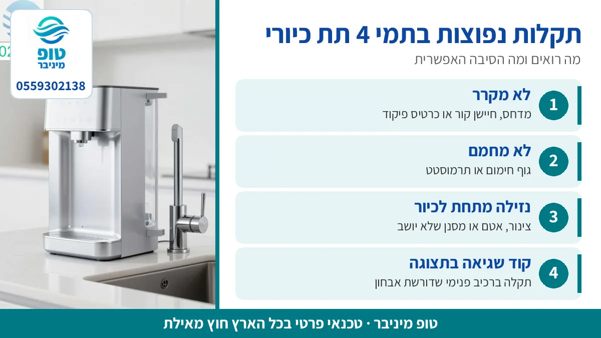 תקלות נפוצות בתמי 4 תת כיורי: לא מקרר, לא מחמם, נזילה וקוד שגיאה